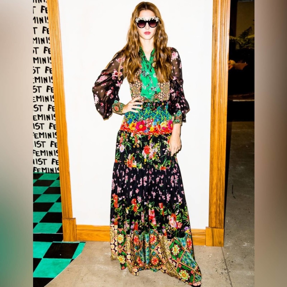 ALICE + OLIVIA Clementine Tie-Neck Long-Sleeve Tiered Printed Maxi Dress